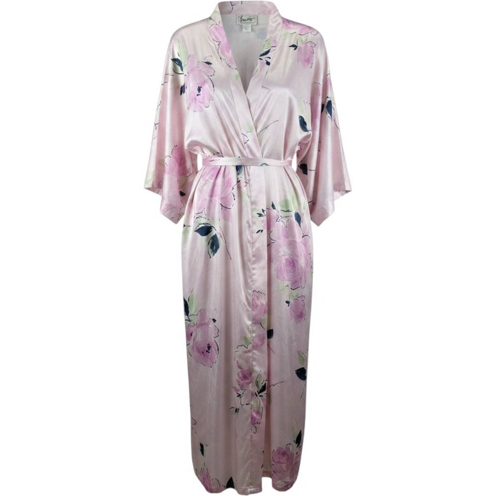 Josette Floral Satin Robe S/M Pink Lace Trim Long Sleepwear Loungewear USA